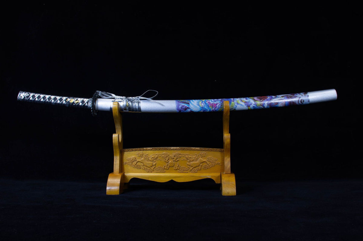 Silver Cloud Katana displayed sheathed with a pale saya carrying a colorful dragon illustration