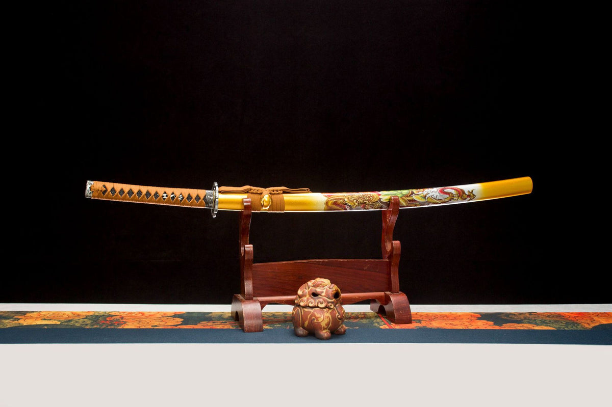 Golden Dragon Katana with blade and scabbard displayed together