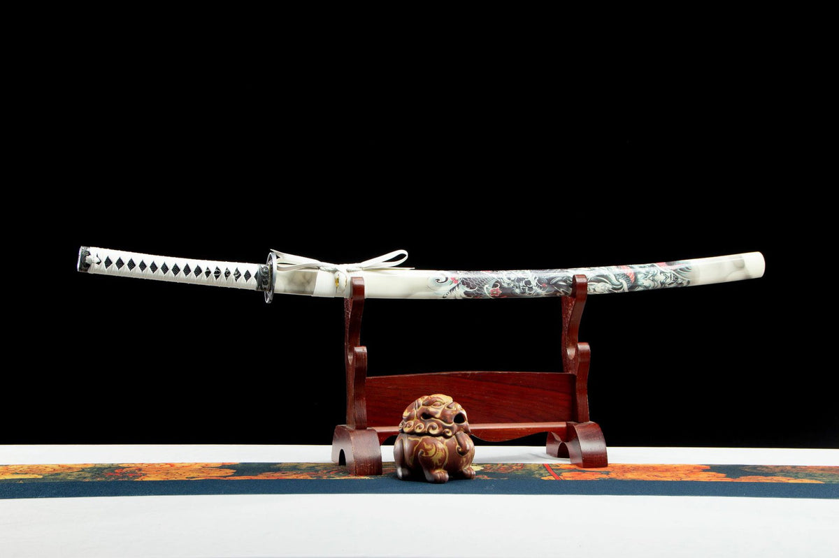 Clouded Dragon Katana with a white handle, polished blade, and white dragon-decorated saya