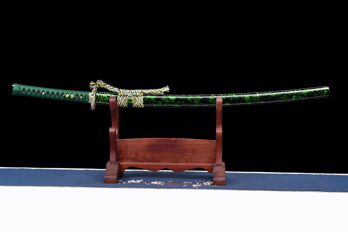 Sheathed Emerald Summer Katana shown on wooden display stand
