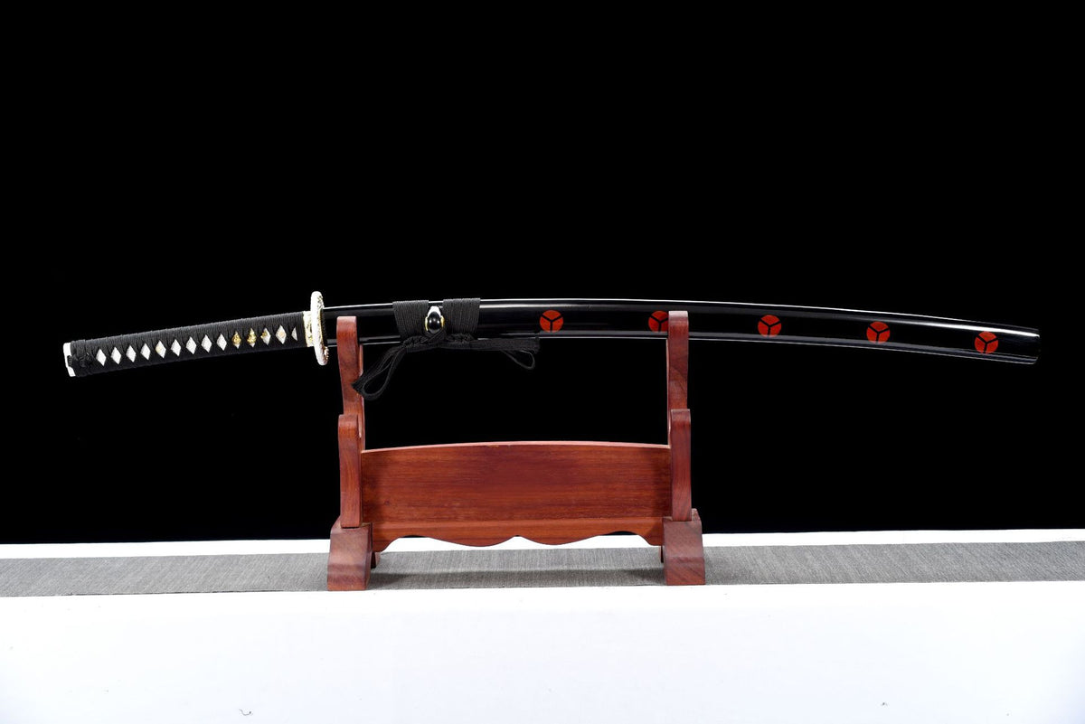 Vermilion Crest Katana with a dark blade, black saya, and repeated red crest emblems