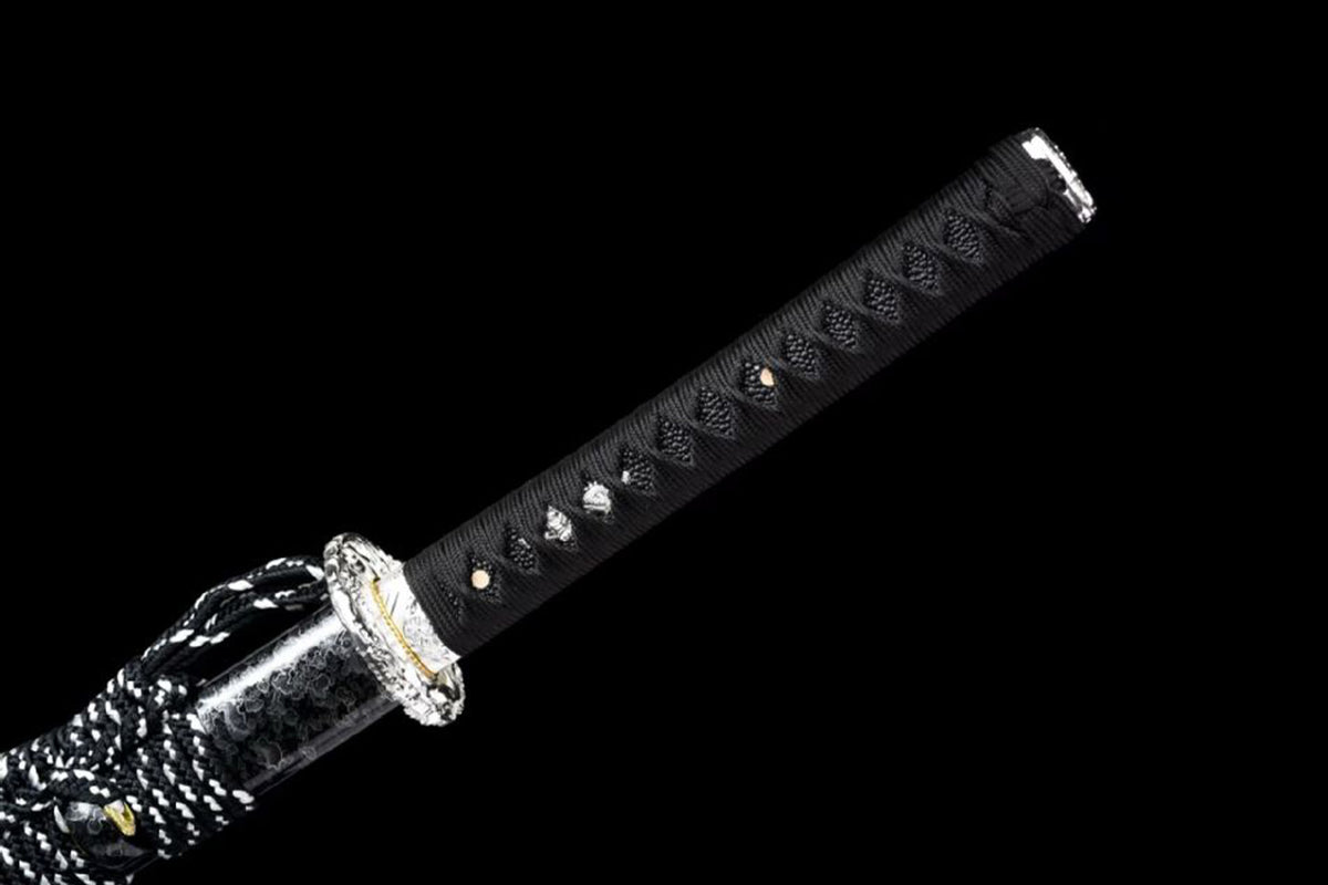Black cord-wrapped wooden handle with silver-toned alloy fittings