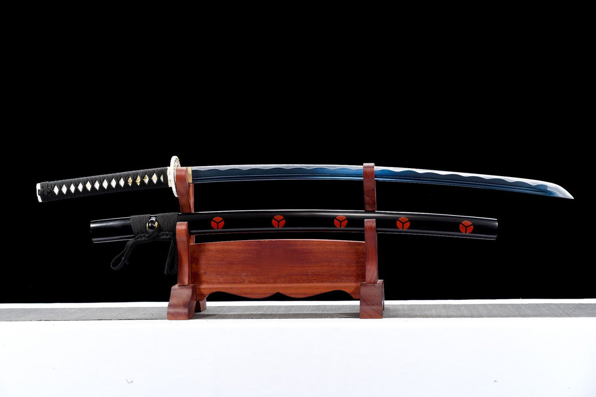 Vermilion Crest Katana displayed unsheathed above a black saya with red emblems