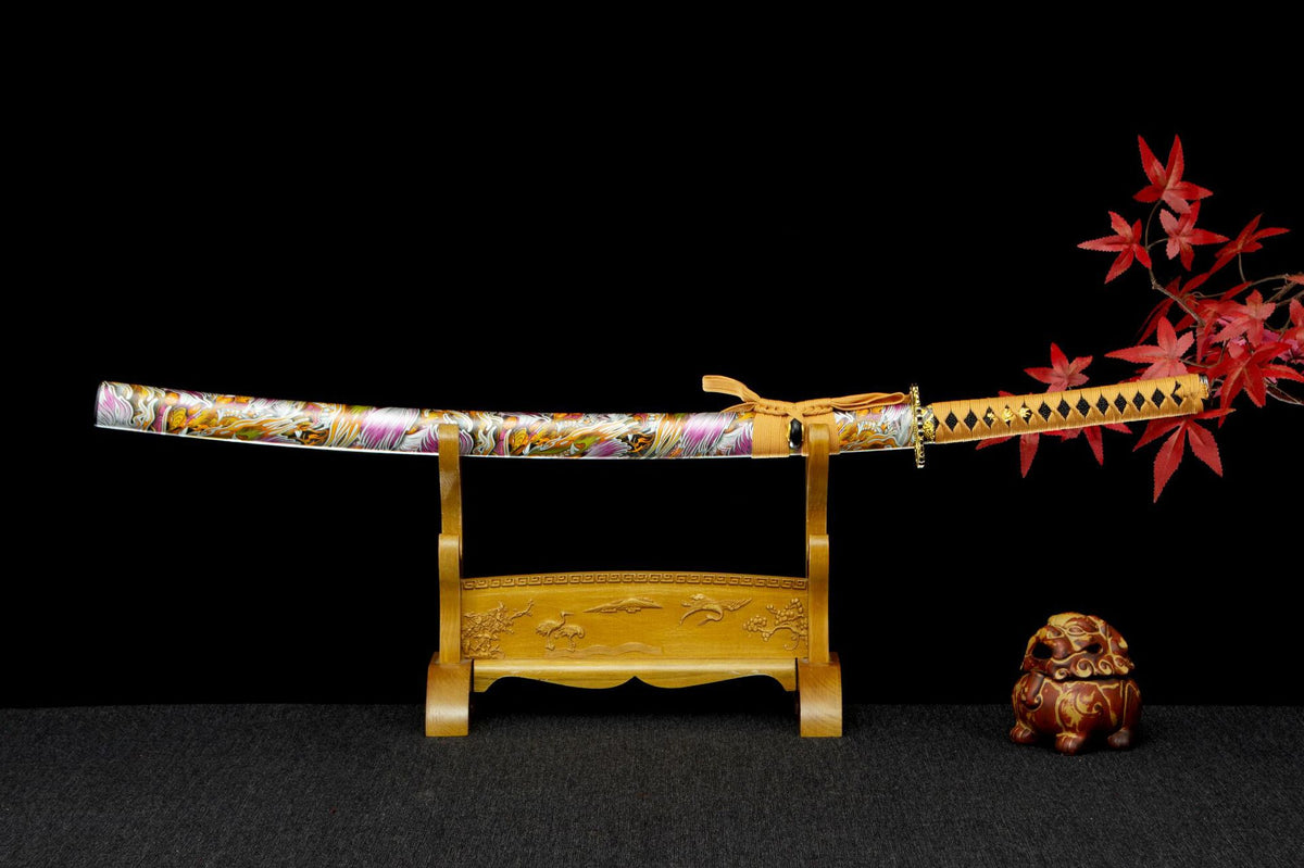 Indigo Lightning Katana displayed sheathed with a gold handle and multicolor illustrated saya