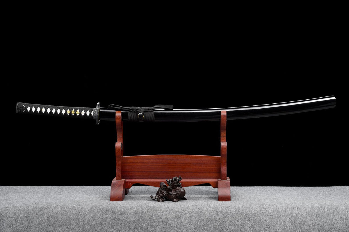 Full-length Kuro Katana in glossy black painted wood saya on display stand