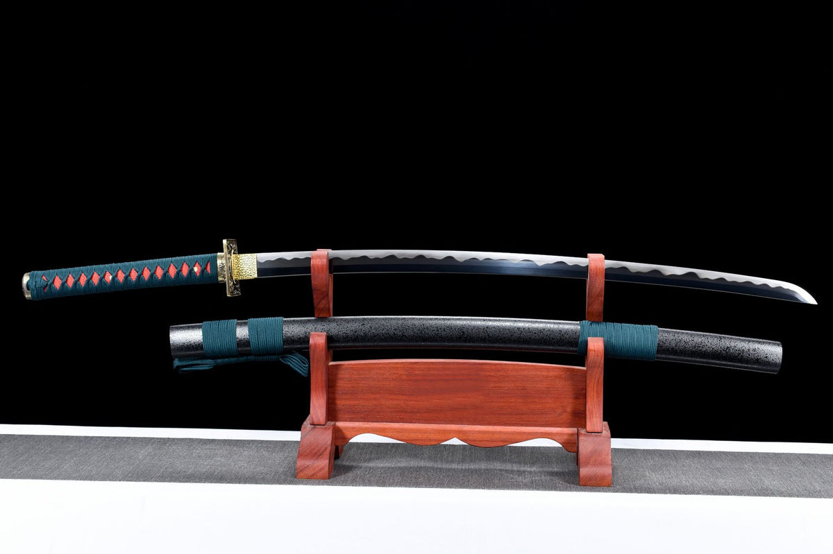 One Piece Kyoshiro Katana displayed unsheathed with a dark blade, teal handle, and black speckled saya