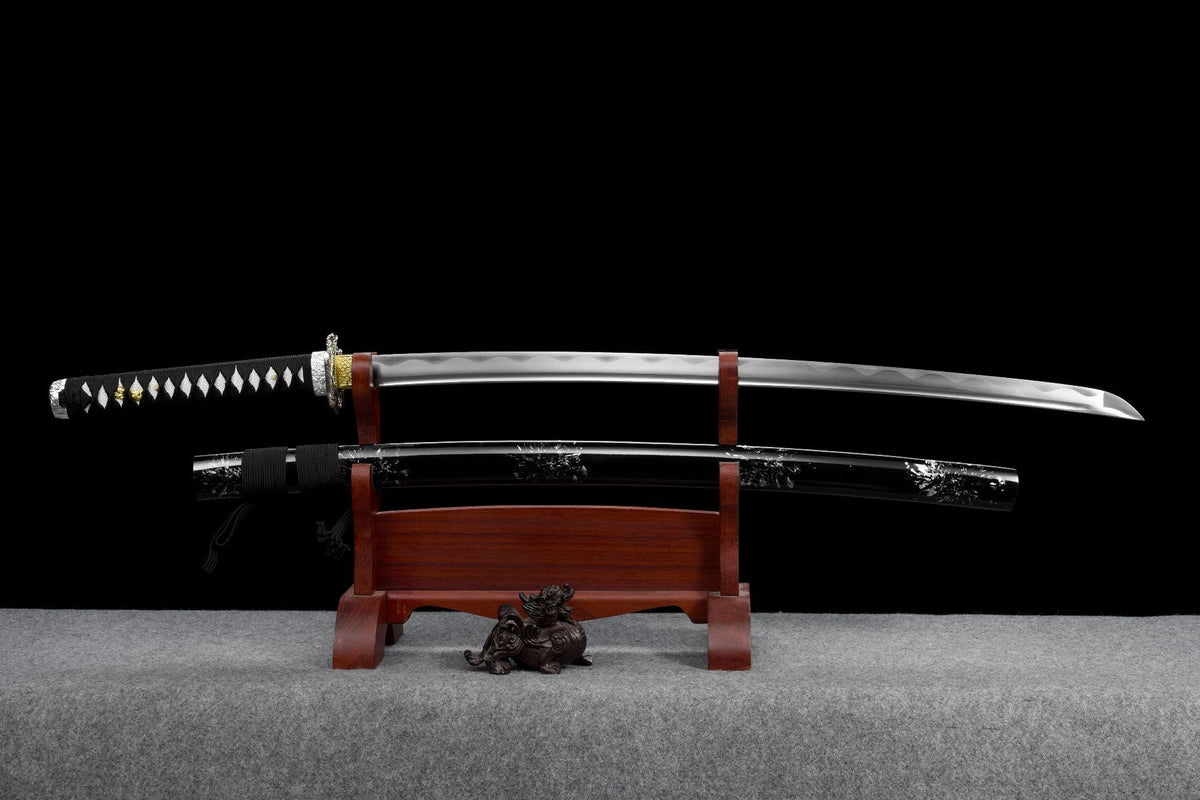 Night Rain katana with polished blade and black lacquered wood scabbard