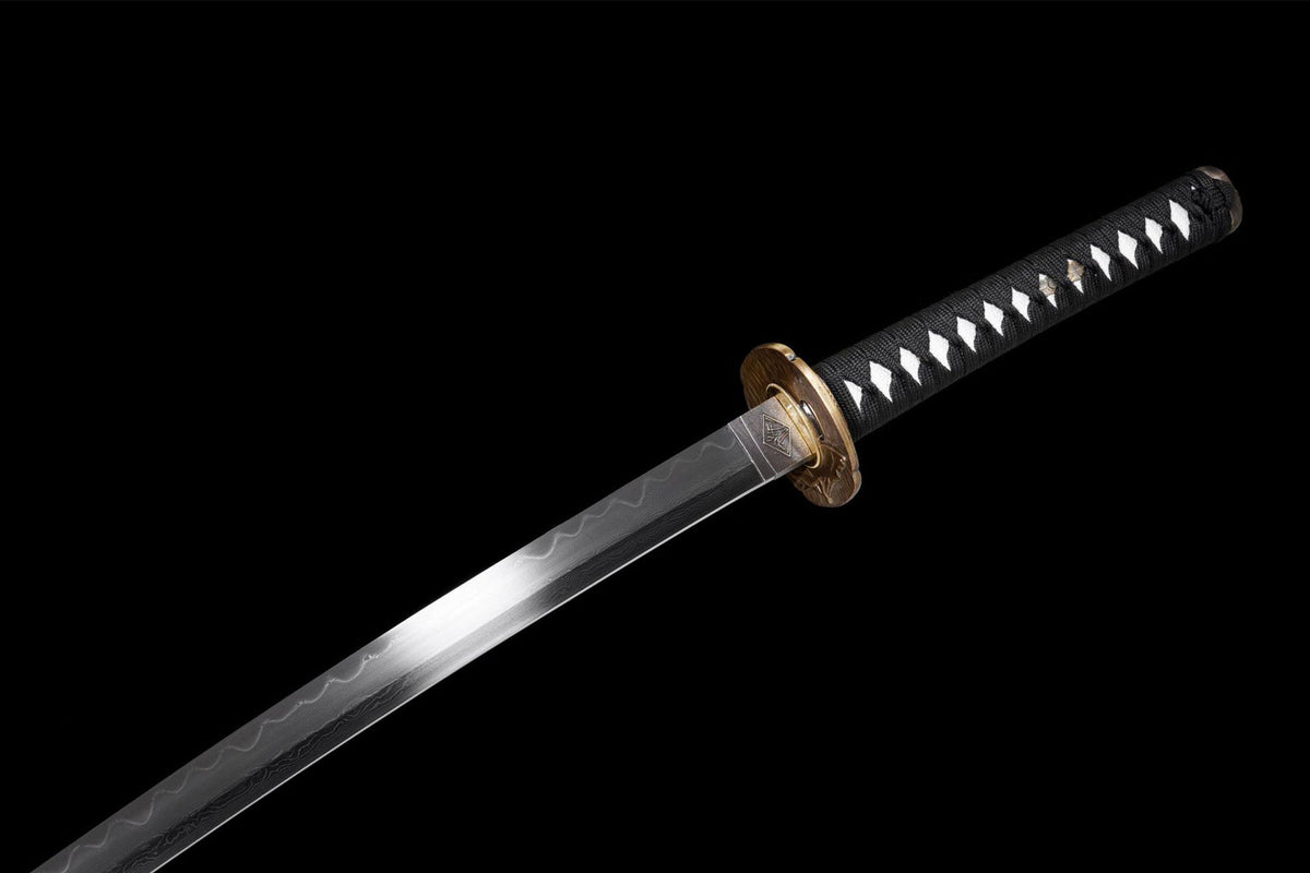 Drawn patterned blade with black-wrapped tsuka