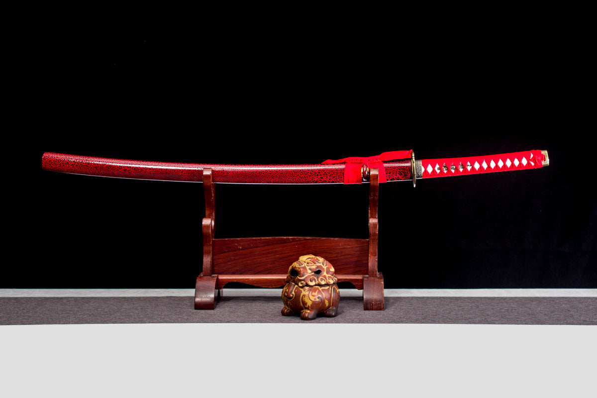 Crimson Crackle Katana displayed sheathed with a red crackle-textured saya and red handle wrap