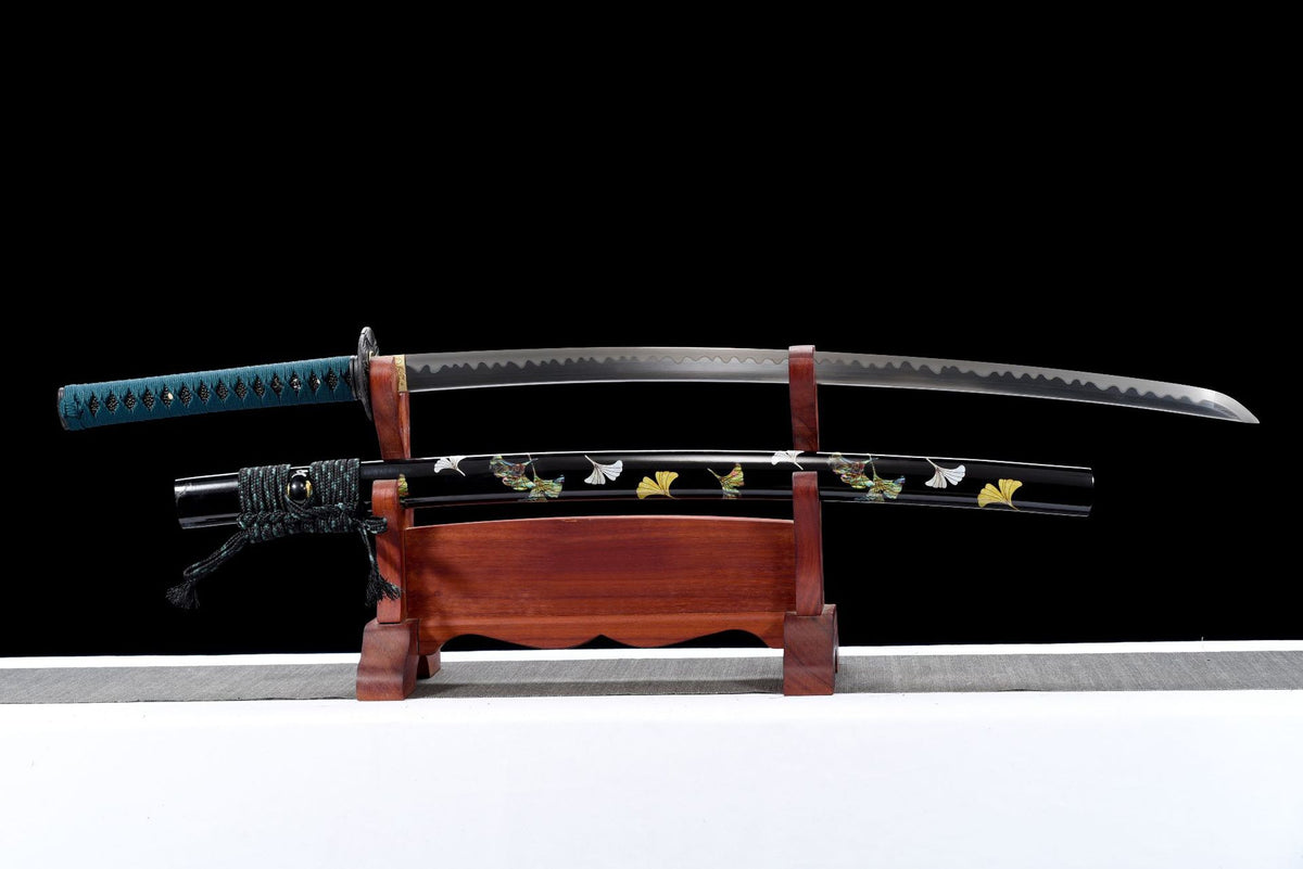 Garden at Dusk Katana with a blue handle, dark blade, and black saya with botanical motifs