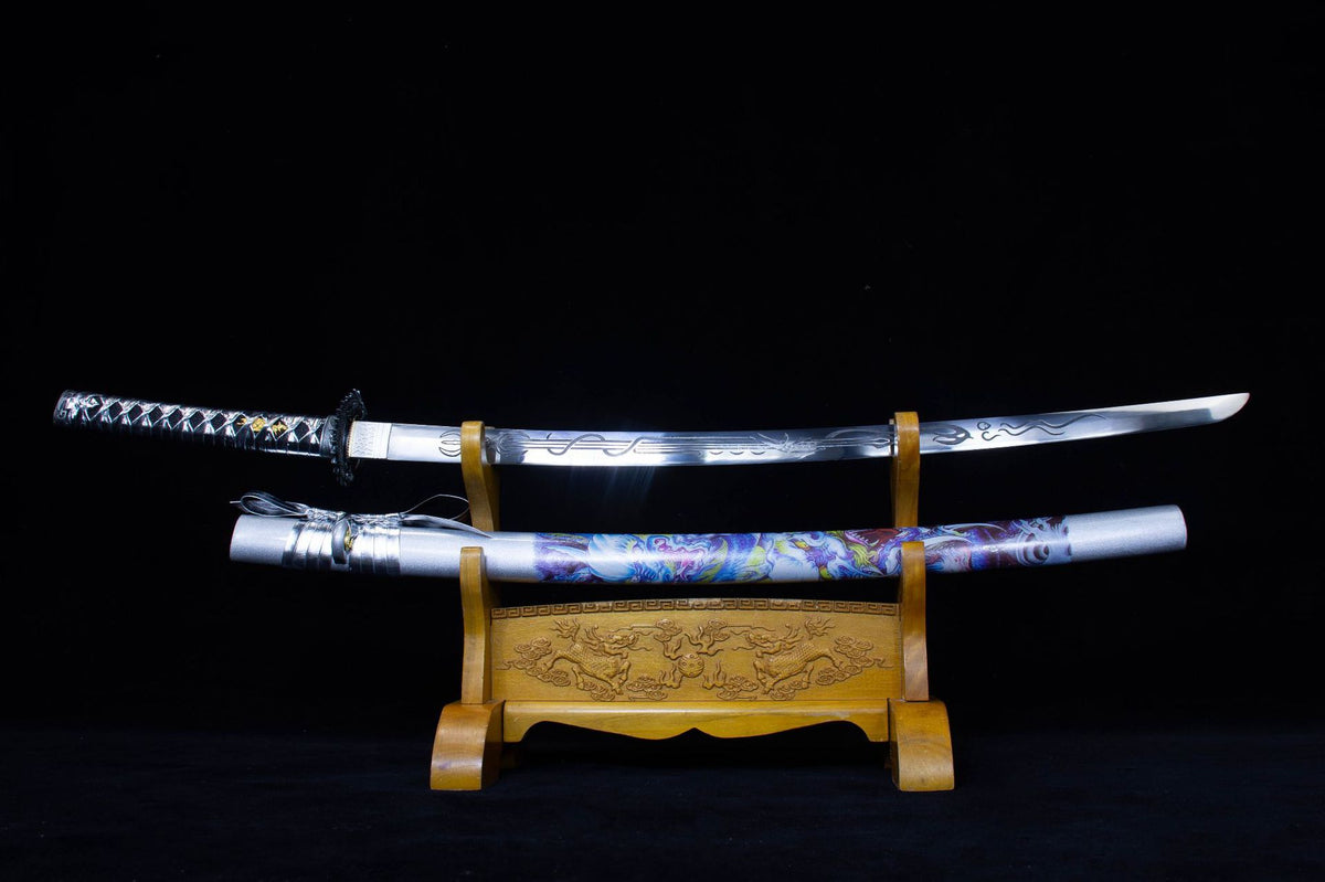 Silver Cloud Katana with a polished silver blade, dark patterned handle, and dragon-illustrated saya