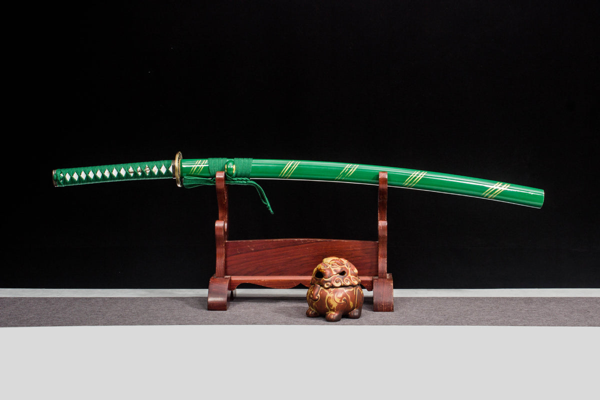 Jade Striation Katana with a green handle, silver blade, and green saya with gold bands