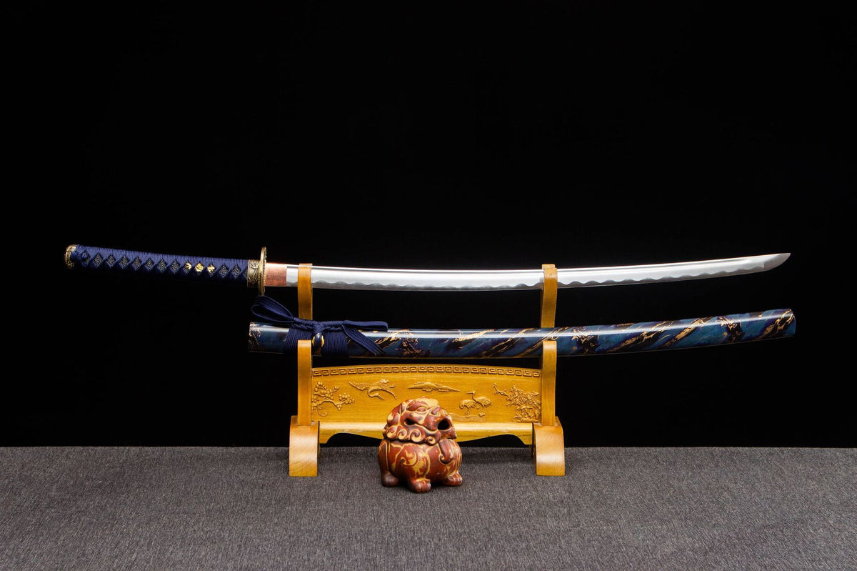 Midnight Studwork Katana with a polished blade, dark blue studded handle wrap, and blue-and-gold saya