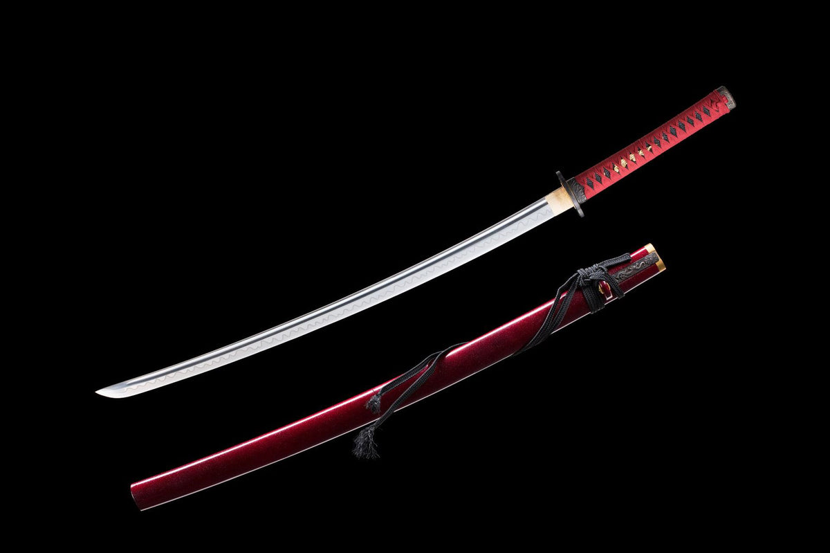 Cinnabar Katana displayed with its blade and red lacquer saya