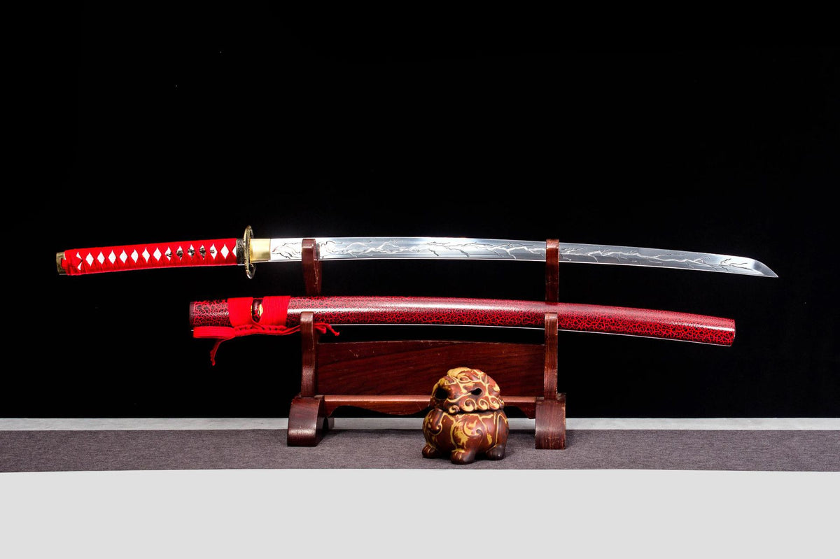 Crimson Crackle Katana with a polished blade, red crackle saya, and red handle