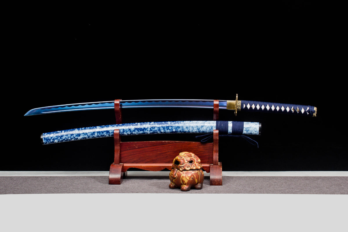 Indigo Frost Katana with a blue-toned blade, blue speckled saya, and navy handle