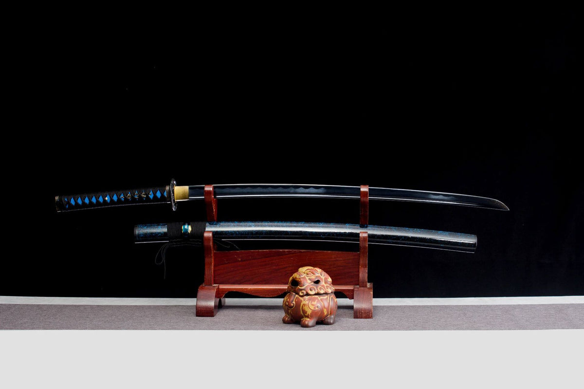 Cobalt Shadow Katana with a dark blade, blue-black saya, and cobalt handle wrap