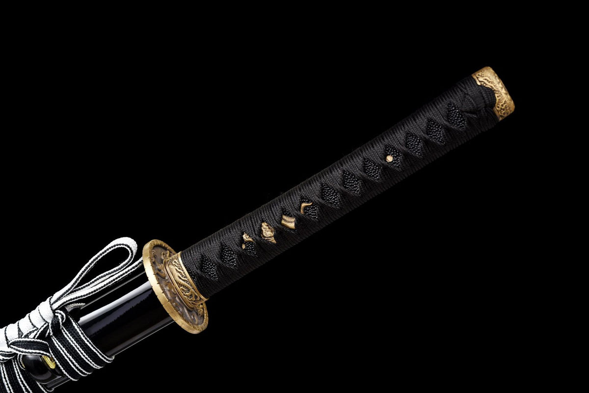 The Twin Dragons Katana, showing the twin silver dragon artwork