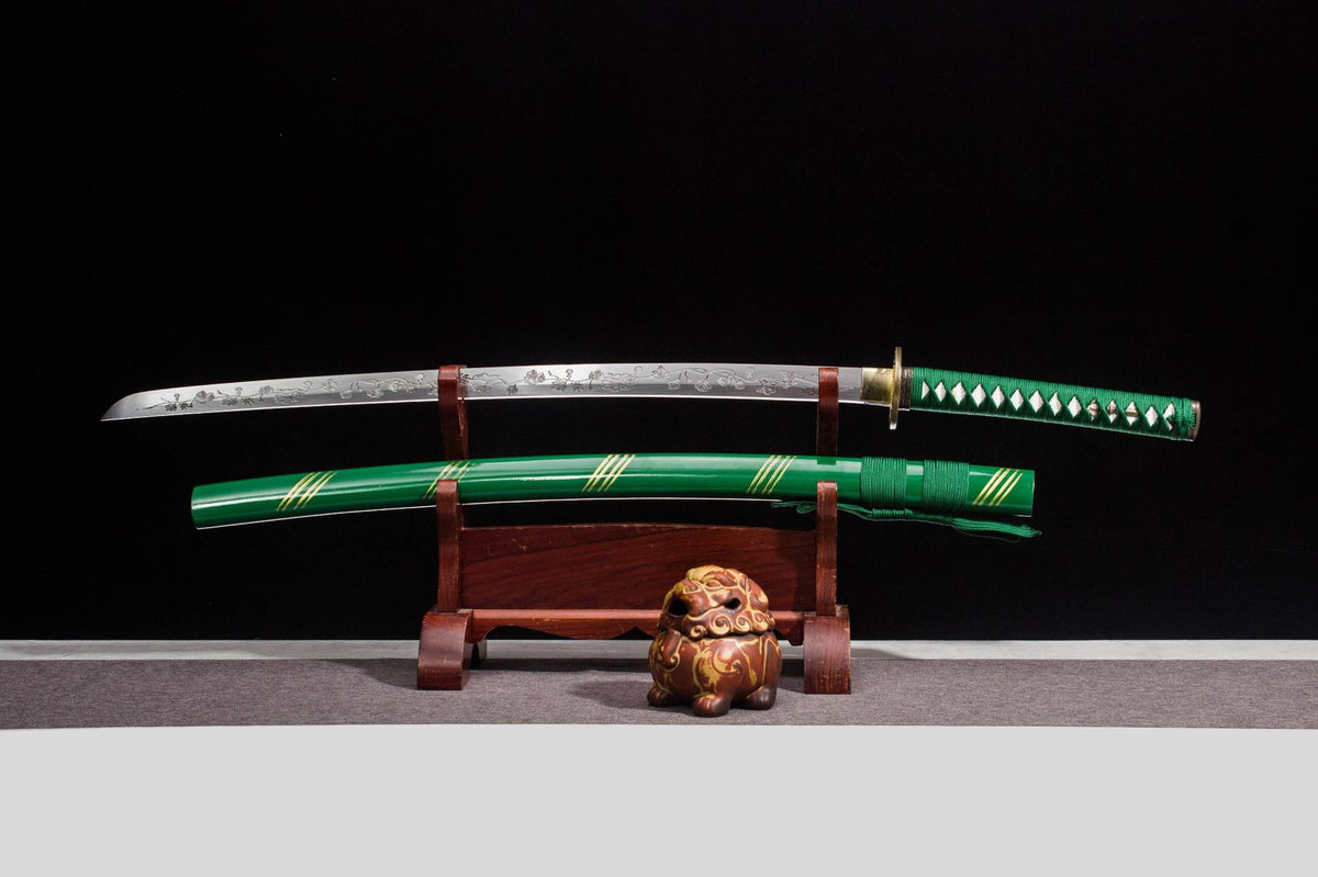 Jade Striation Katana displayed unsheathed with an engraved silver blade and green lacquer saya