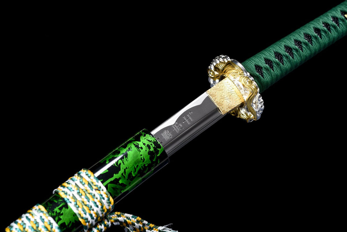 Partially drawn blade beside green patterned lacquered saya