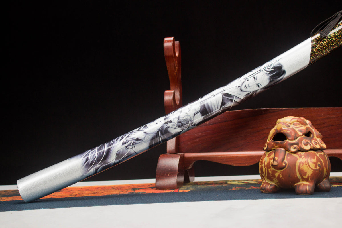 The Moonlit Dragon Katana with the carved lacquer saya and dark mounting