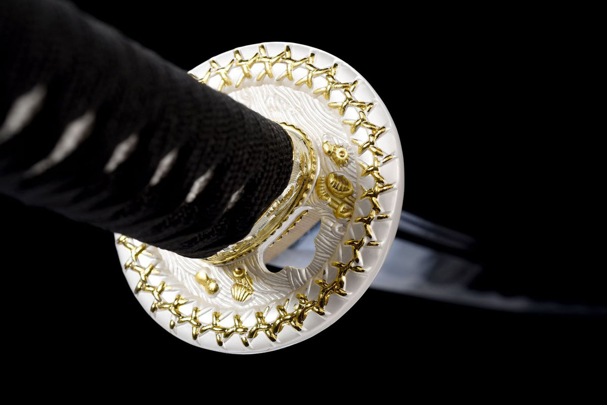 Detail view of the Vermilion Crest Katana, showing the dark blade and black saya
