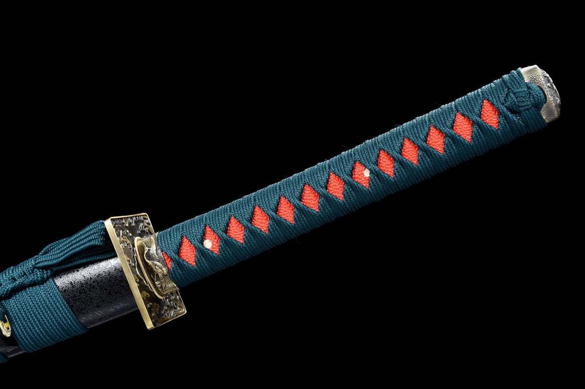 Detail view of the One Piece Kyoshiro Katana, showing the dark blade and teal handle wrap