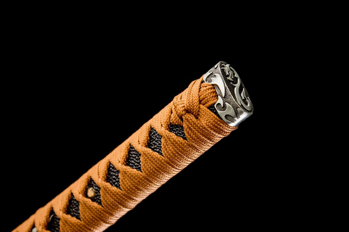 Aureate Koi Katana showing its orange handle and yellow lacquered saya