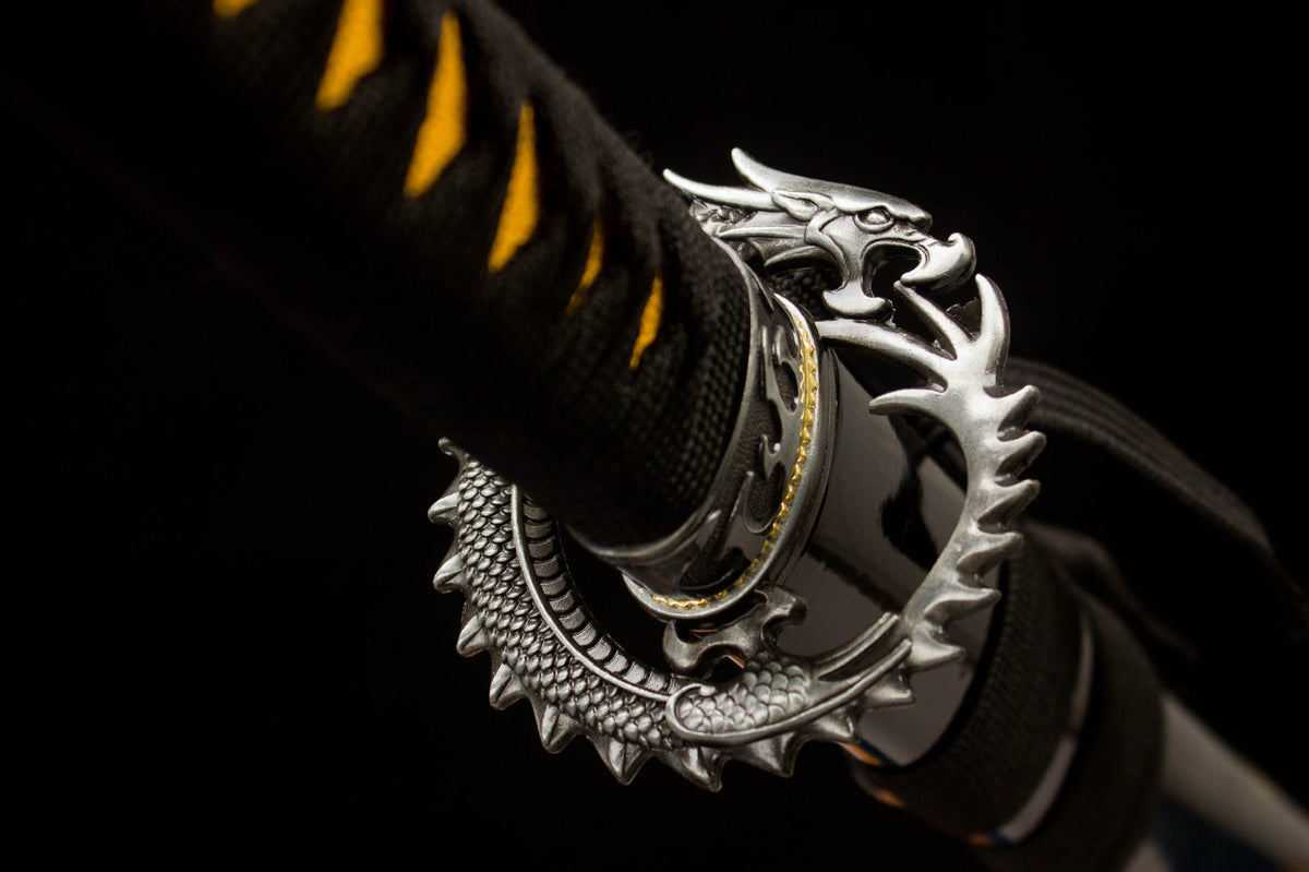 The Night Coil Katana with the gold serpentine design on the lacquer