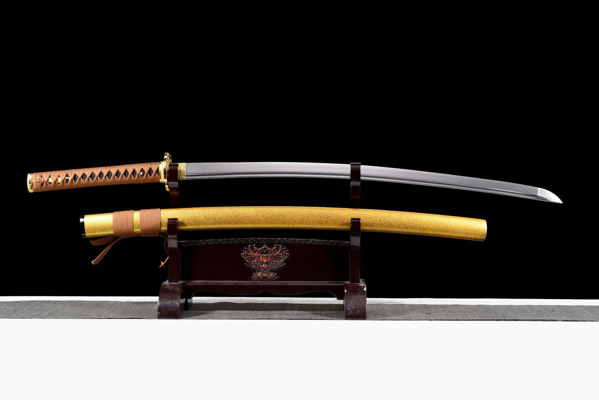 Amber Lacquer Katana unsheathed above its matching saya
