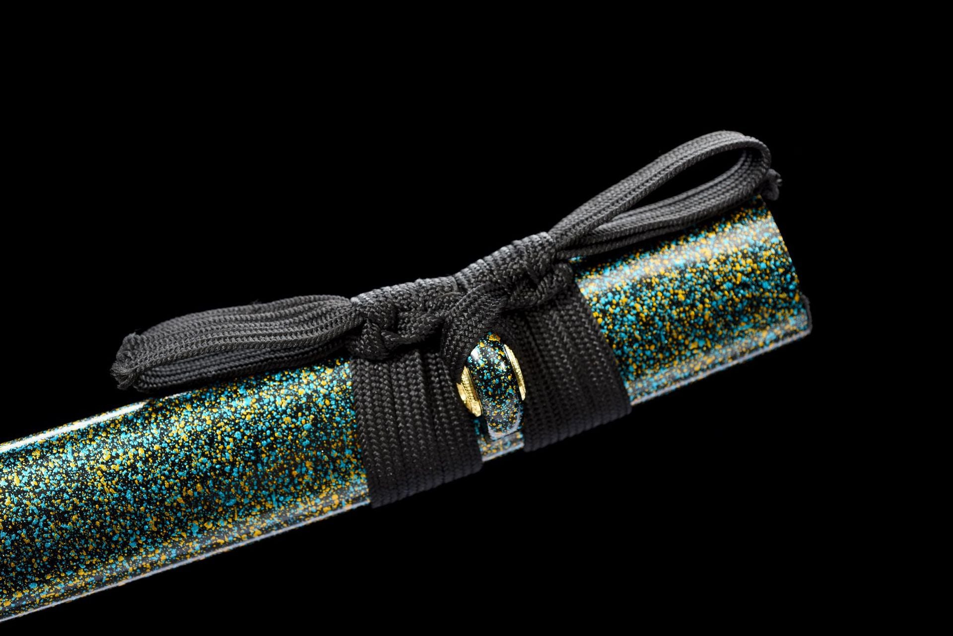 Black sageo tied over the blue-gold lacquered wooden saya