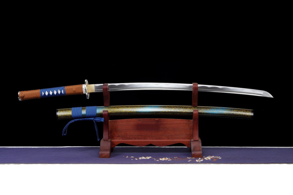 Blue Gold Lacquer Katana displayed unsheathed above its speckled blue-and-gold saya
