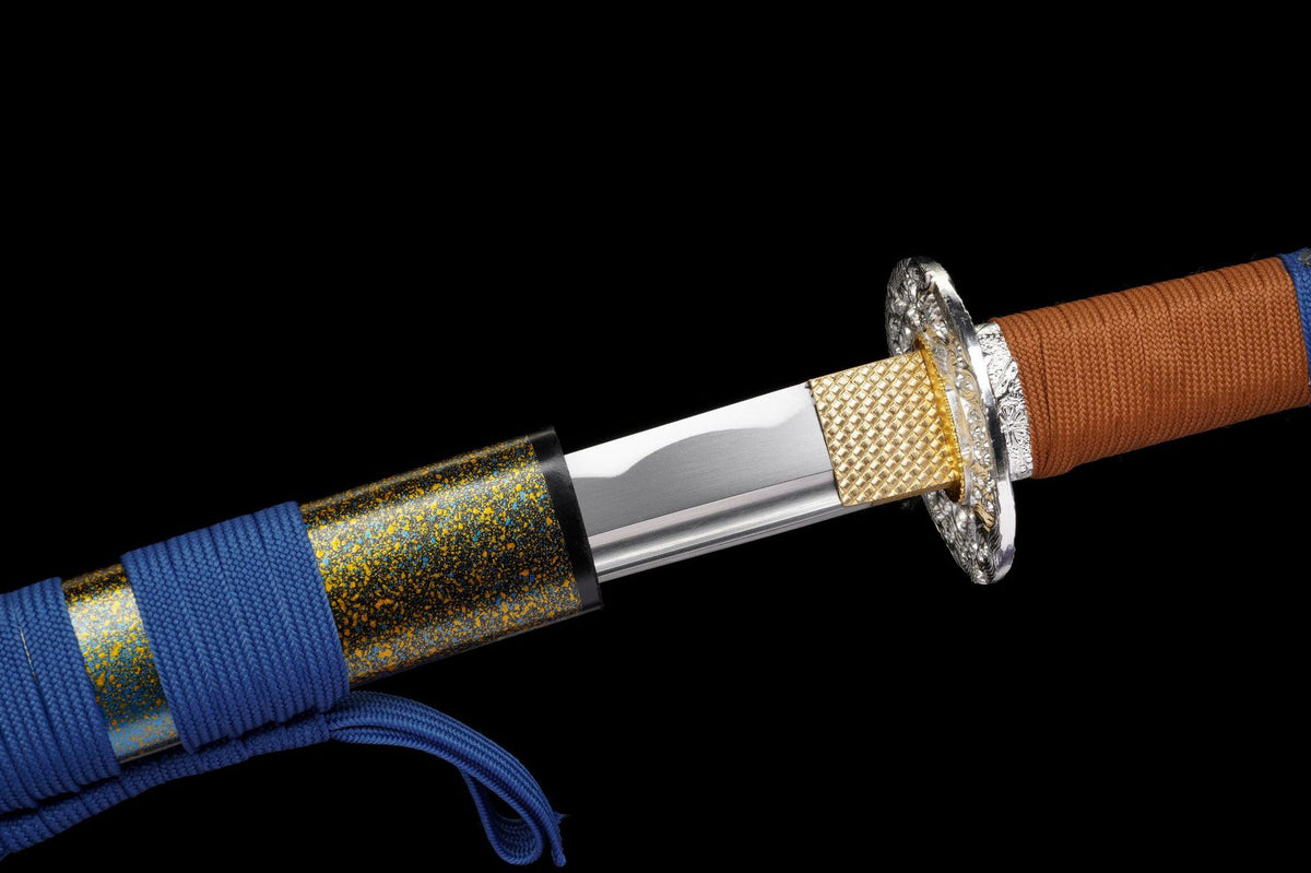 Blue Gold Lacquer Katana partially drawn from its speckled solid wood saya