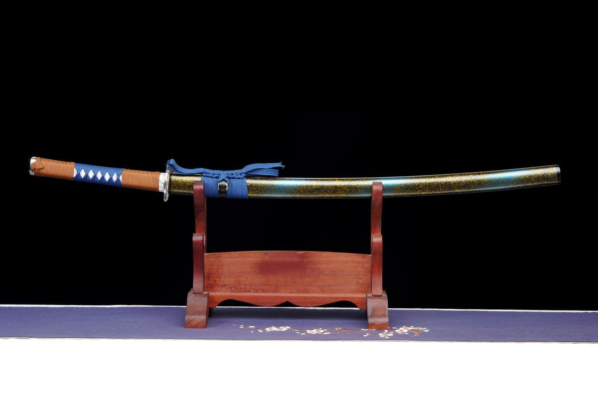 Full view of the Blue Gold Lacquer Katana sheathed in its solid wood saya