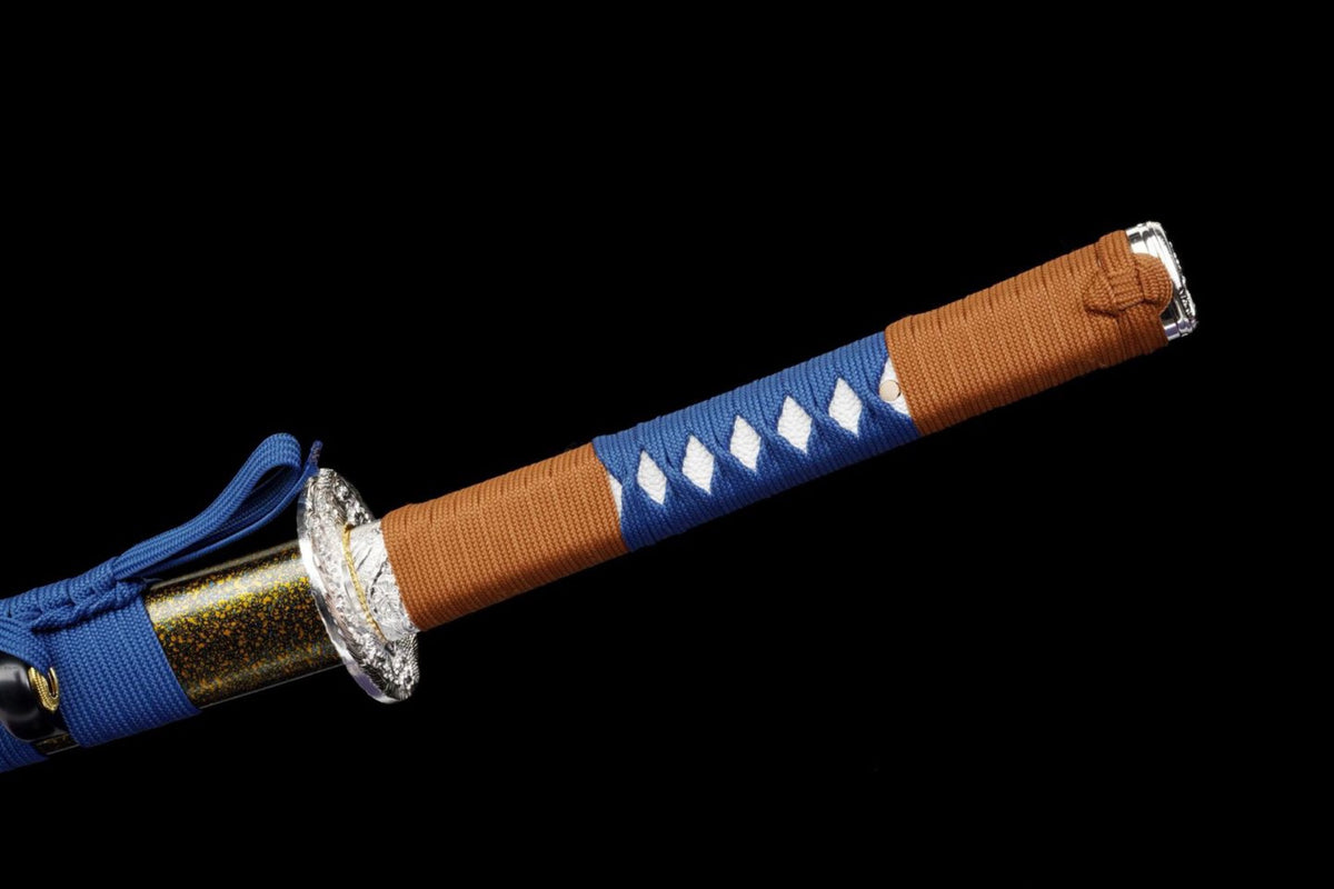 Brown-and-blue wrapped tsuka with white diamond-pattern underlayer and blue sageo