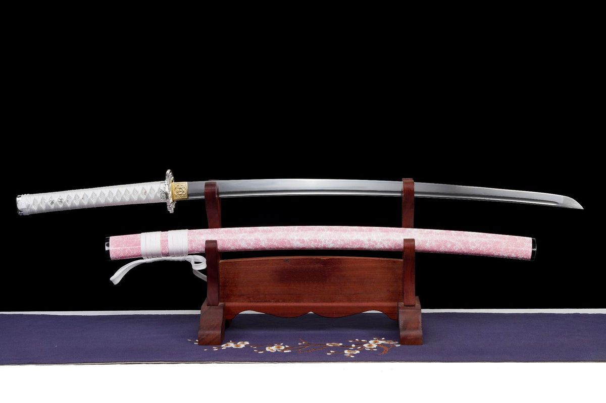 Blush Sakura Katana unsheathed above its matching saya