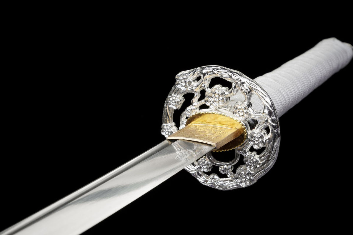 Silver-toned sakura openwork tsuba on the Blush Sakura Katana