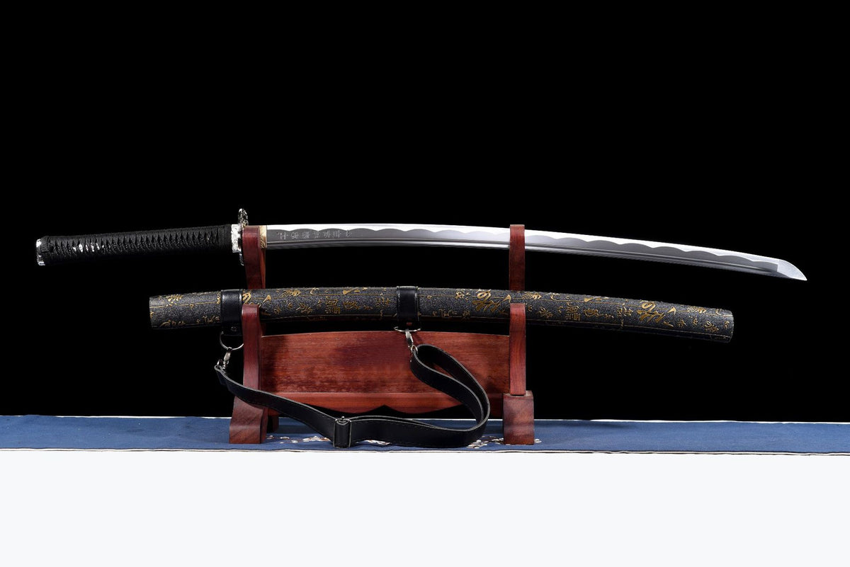 Calligraphy Katana with polished blade, black gold-lettered saya, and carrying strap