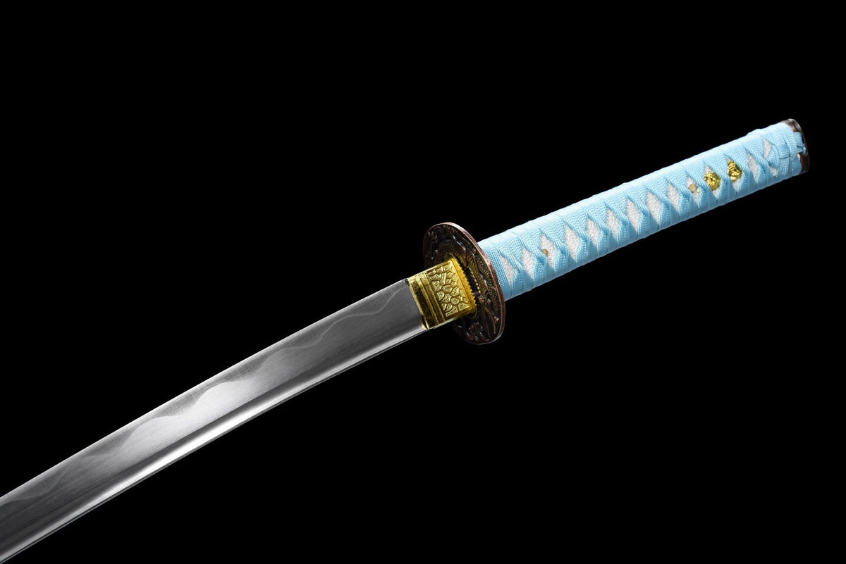 Light blue cord-wrapped handle beside the polished blade