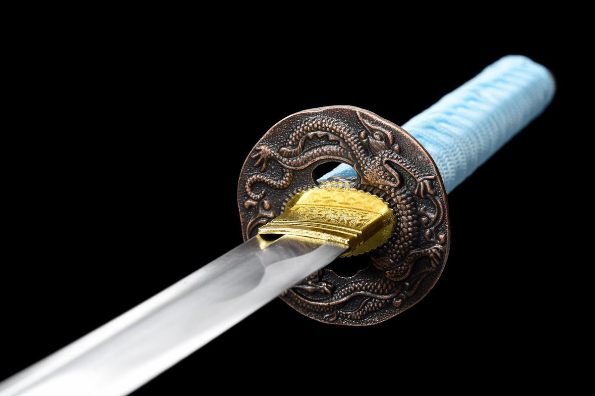 Reverse view of the dark dragon-motif alloy guard and gold-toned collar