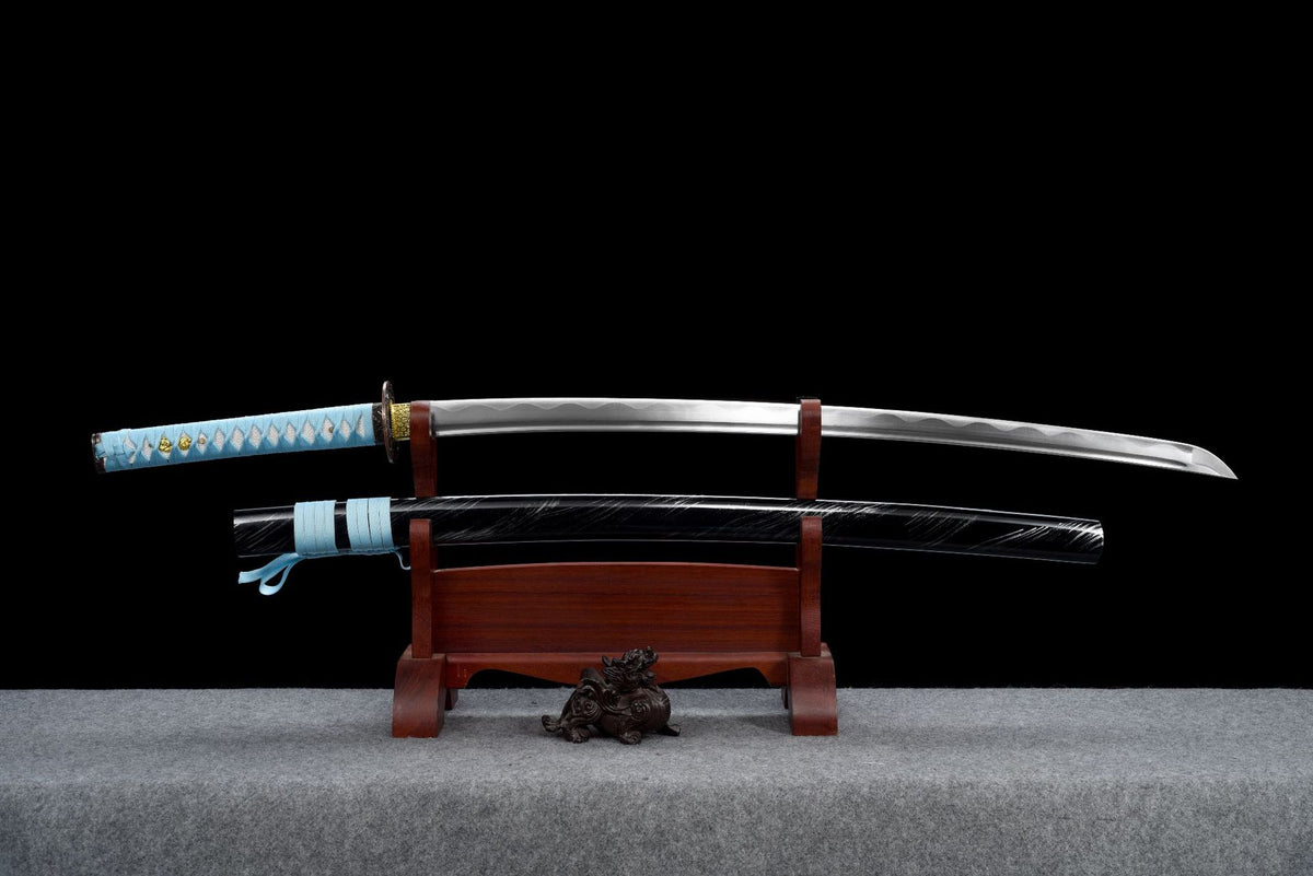 Full view of Cloud Current katana with polished blade and black lacquered scabbard