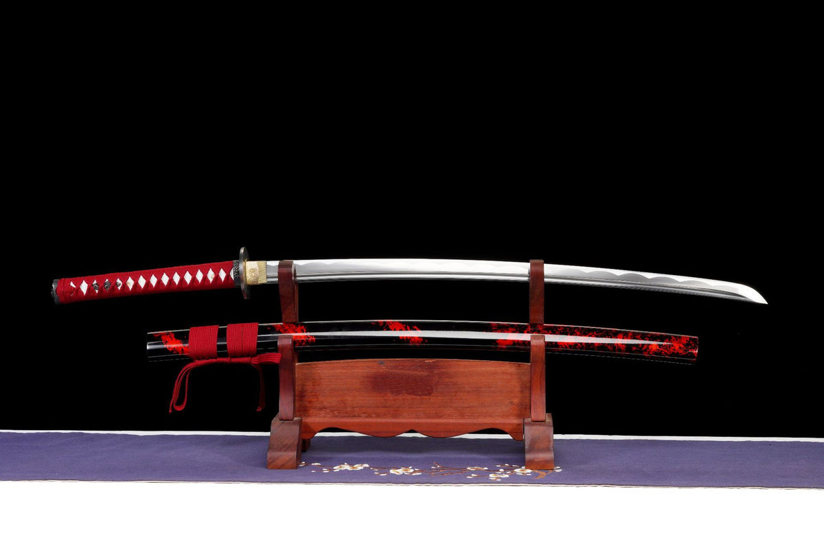 Crimson Katana with 1045 carbon steel blade and patterned saya