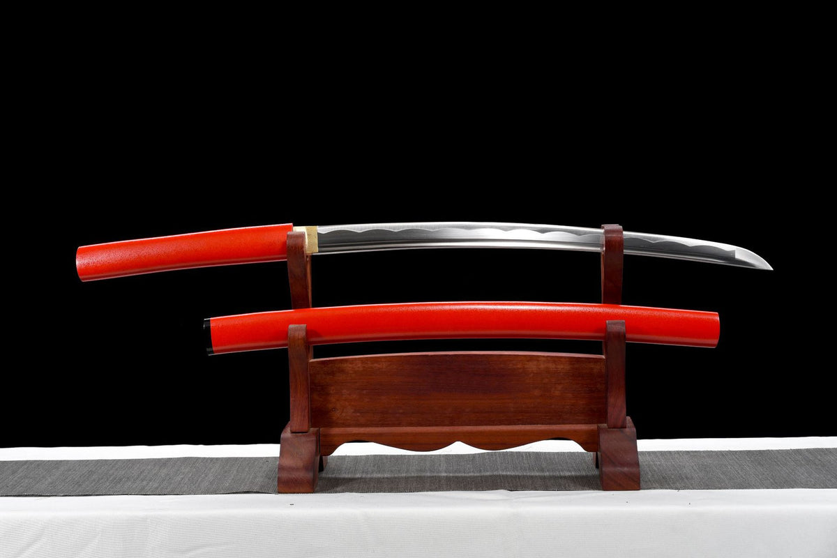 Crimson Shirasaya Wakizashi displayed with red lacquered saya