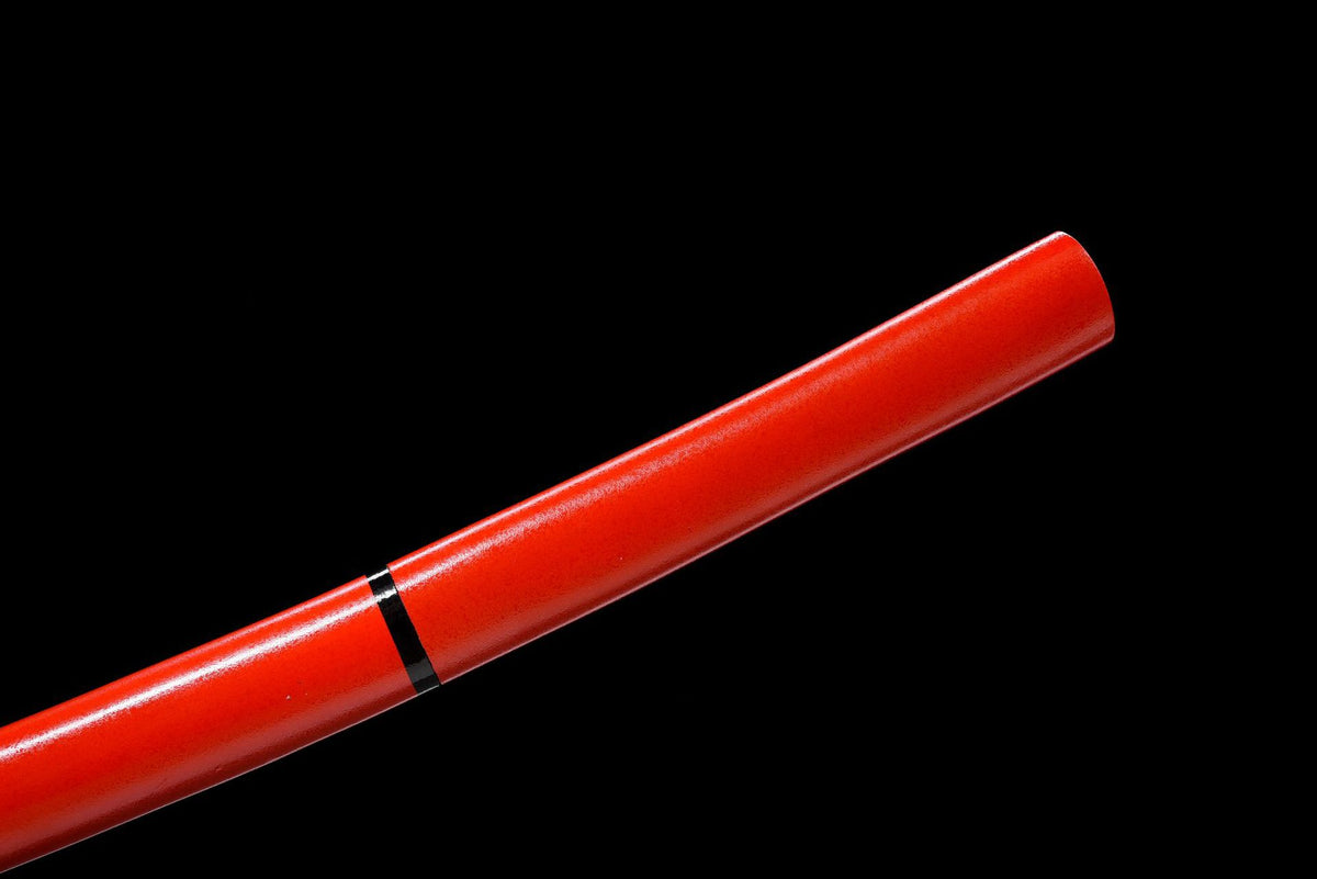 Red lacquered saya detail on Crimson Shirasaya Wakizashi