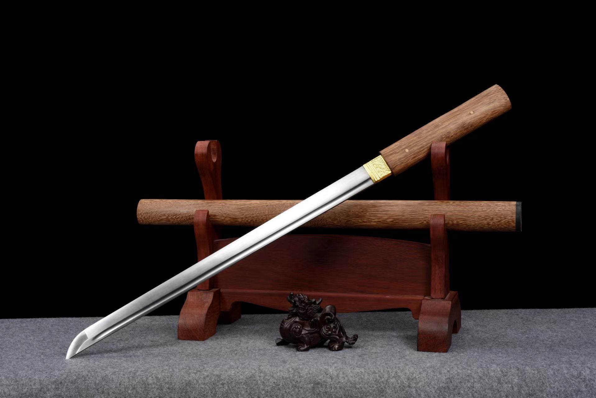Ebony Straight Wakizashi with grooved blade and wood-grain saya