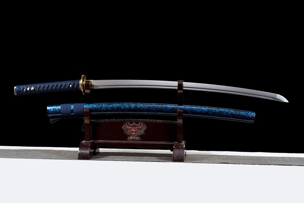 Indigo Katana with polished blade and blue floral-pattern saya