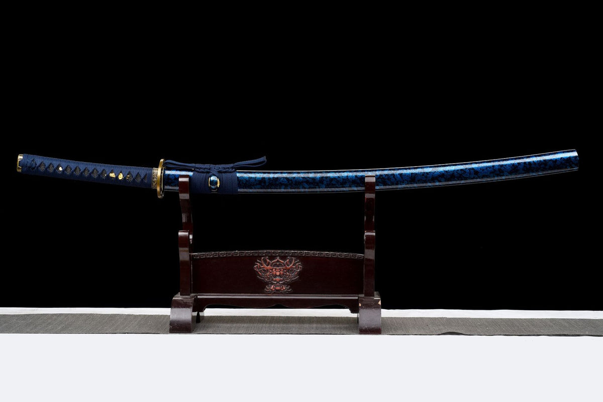 Indigo Katana sheathed in its blue floral-pattern saya