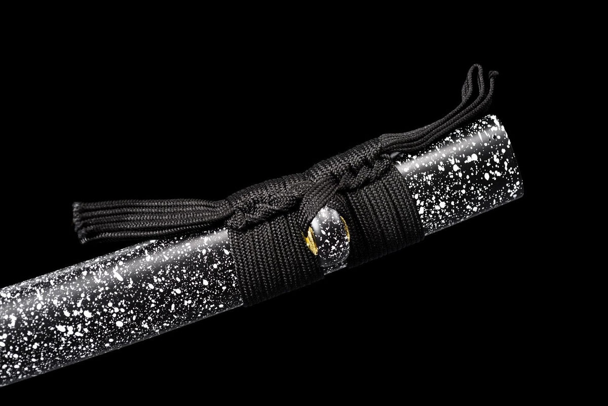 Black sageo tied near the mouth of the Inkstorm Katana splatter-finish saya