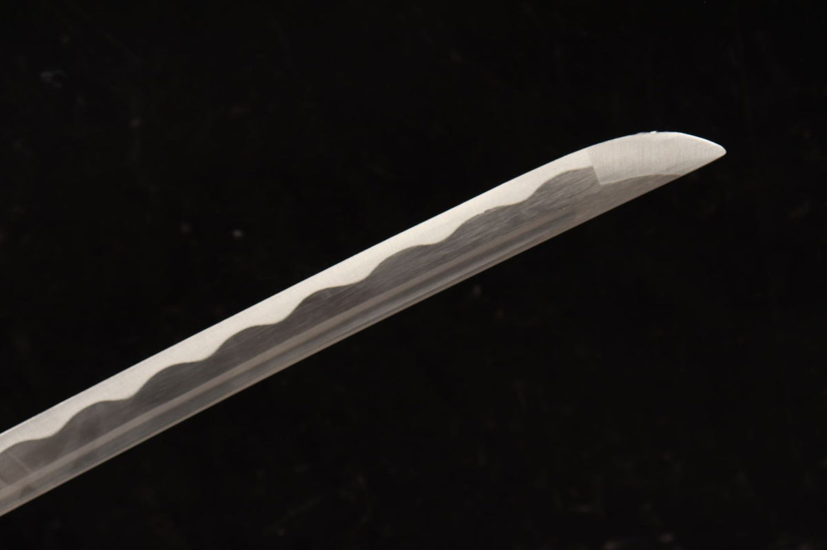Katana kissaki with bo-hi and decorative hamon-style wave pattern