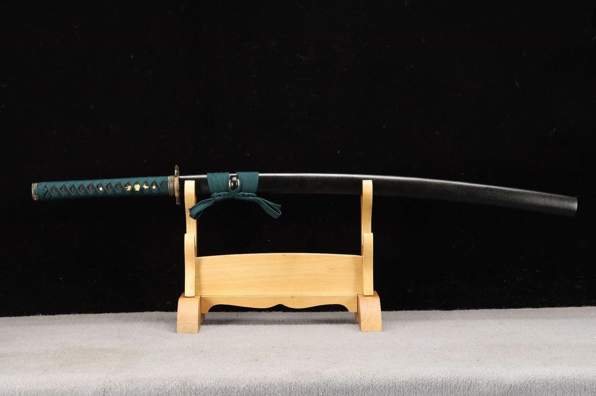 Sheathed Jade Dragon Katana with deep teal handle wrap and matching sageo